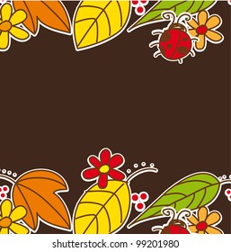 autumn leaves with ladybug over brown background. vector