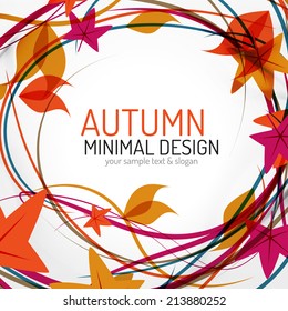 Autumn leaves and lines abstract design with sample text. Nature concept flying fall elements on gray