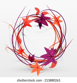 Autumn leaves and lines abstract design with sample text. Nature concept flying fall elements on gray