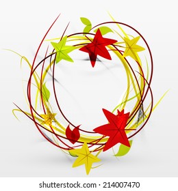 Autumn leaves and lines abstract design with sample text. Nature concept flying fall elements on gray