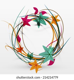 Autumn leaves and lines abstract design with sample text. Nature concept flying fall elements on gray