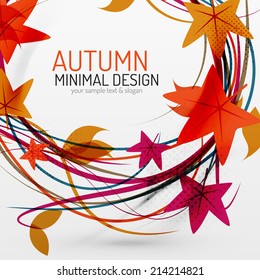 Autumn leaves and lines abstract design with sample text. Nature concept flying fall elements on gray