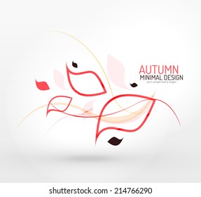 Autumn leaves and lines abstract design with sample text. Nature concept flying fall elements on gray