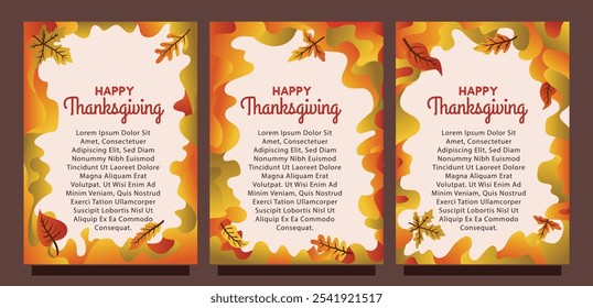 Autumn Leaves and Liquid Art Background Thanksgiving Card Set. print size set of thansgiving card template concept. liquid abstract background with autumn leaves vector illustration