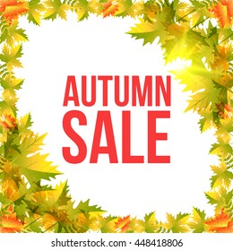 Autumn leaves, maple, discount. Vector bright frame EPS10