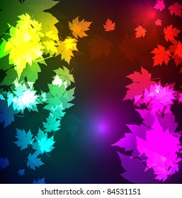 Autumn leaves of a maple. A neon background