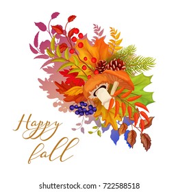 autumn leaves, maple oak, forest berries, pine cone, mushrooms  porcini, champignon, saffron milkcap or chanterelle symbols pattern for poster, banner. Isolated illustration  white background. vector