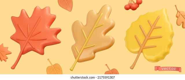 Autumn Leaves. Maple, Oak, Poplar 3d Vector Icon