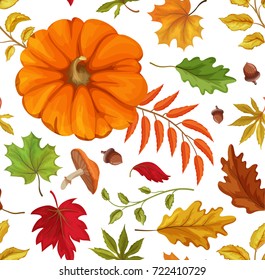 Autumn leaves, maple oak ,pumpkin mushrooms , forest berries, mushrooms on isolated white background. Vector fall symbols poster, banner placard design template