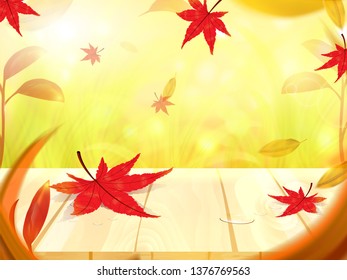 Autumn leaves, Autumn maple leaves on Wooden floor background, Vector illustration