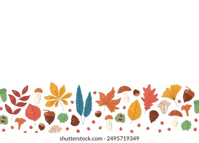 Las hojas de otoño se mezclan por el borde. Concepto de fondo irregular colorido con espacio de copia. Anuncio de follaje para Anuncios estacionales. Diseño de Plantilla aislado. Elementos de otoño dibujados a mano Ilustración vectorial plana