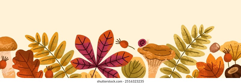 Autumn leaves and mushroom, fall border pattern, decoration on background. Forest foliage, botanical natural elements, leaf, floral branches, seasonal decor on banner. Flat vector illustration