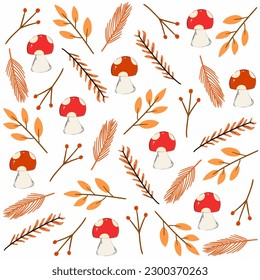 autumn leaves, mushroom and flower seamless pattern