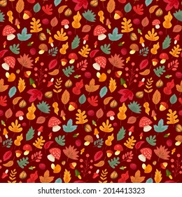 Herbstblätter und Pilze nahtlose Muster Vektor. Acorn und Walnuss, Waldbeere und Rosship, Fliege agarisch und eatery boletus. Naturkartografik in Flaschen und Bio-Flora