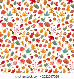 Autumn leaves and mushroom seamless pattern vector. Acorn and walnut, forest wild berry and rosehip, fly agaric and eatery boletus. Natural botany and organic flora flat cartoon illustration