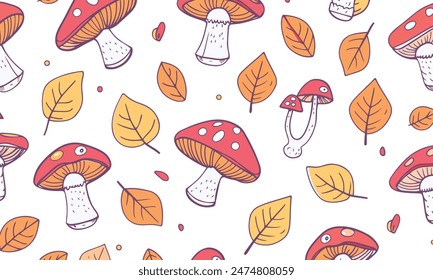 autumn leaves and mushroom seamless pattern background isolated vector design