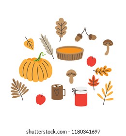 Autumn leaves, mushrooms and acorns, fall forest nature. Pumpkin pie and jam. Thanksgiving vector set.