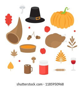Autumn leaves, mushrooms and acorns, fall nature. Happy Thanksgiving Day set. Pumpkin pie, Turkey and Horn.