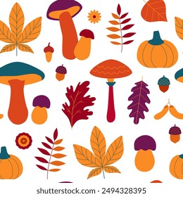 Autumn leaves, mushrooms, acorns, flowers, pumpkin seamless pattern. Foliage ornament with botanical fall doodles and stickers. Golden cozy season. Forest. Vector background, digital paper, wallpaper.