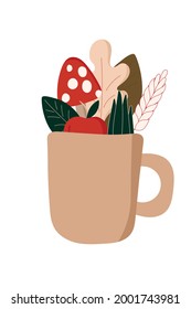 Autumn leaves, mushrooms, apple, cactus in a beautiful mug isolated on a white background. Hand drawn. Vector illustration