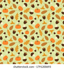 Autumn leaves, mushrooms, nuts and pumpkins. Seamless pattern. Flat vector illustration isolated on green background.
