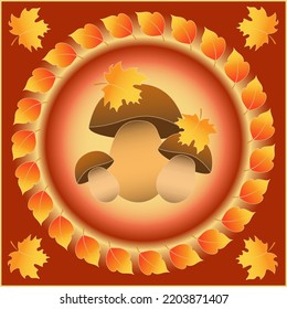 Autumn leaves, mushrooms on a gradient background. Autumn composition, a symbol of autumn in bright colors. Modern fashionable vector illustration.