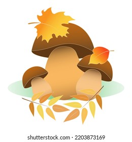 Autumn leaves, mushrooms on a light background. Autumn composition, a symbol of autumn in pastel colors. Modern fashionable vector illustration.