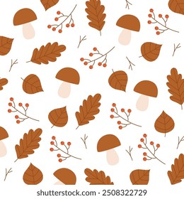 Autumn Leaves And Mushrooms Pattern Vector Illustration