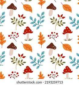 Autumn leaves, mushrooms and red berries. Seamless pattern. Can be used for web page background fill, surface texture