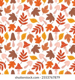 Autumn leaves and mushrooms seamless pattern. Fall season background design. Flat style vector illustration