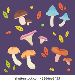 Autumn leaves and mushrooms vector illustrations set. Fresh poisonous and edible plants, chanterelle or fungus, berries from forest trees for background. Autumn nature, food, wildlife concept