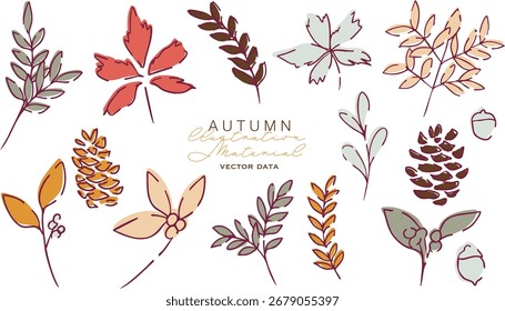 Hojas de otoño y nueces de Ilustración vectorial. Ilustración de la planta de otoño con hojas. Fondo de arte de línea de otoño.