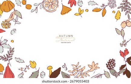 Hojas de otoño y nueces de Ilustración vectorial. Ilustración de la planta de otoño con hojas. Fondo de arte de línea de otoño.