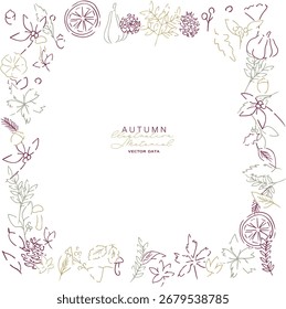 Hojas de otoño y nueces de Ilustración vectorial. Ilustración de la planta de otoño con hojas. Fondo de arte de línea de otoño.