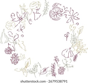 Hojas de otoño y nueces de Ilustración vectorial. Ilustración de la planta de otoño con hojas. Fondo de arte de línea de otoño.