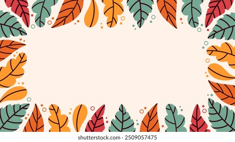 Autumn leaves. Oak, birch, and maple. Rectangular border frame with autumn illustrations on a light beige background. Perfect for "Hello Autumn" designs. Perfect for ads or designs. 