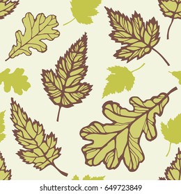 Autumn leaves of oak and maple in the wind. Yellow-green objects with lilac and purple contours on a light-yellow background. Seamless pattern. Background for packaging, wallpaper, textiles.