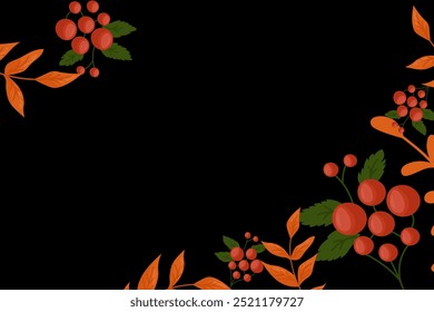 Autumn leaves, on a black background. Autumn Background for the design of banners, postcards. Autumn leaves, flowers and branches. Nature, autumn season. Harvest Festival.