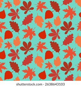Autumn leaves on a blue background, seamless pattern of falling leaves. Vector.