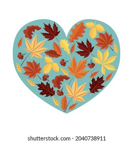 Autumn leaves on a blue heart-shaped background. A design element. Vector.