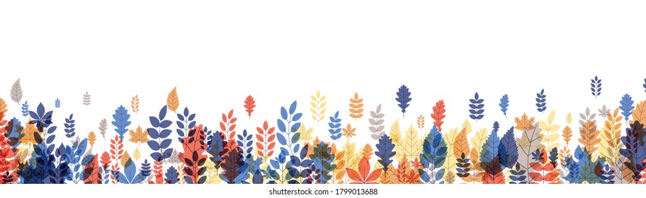 Autumn leaves on bottom on white background. Red, violet, orange, blue, turquoise, yellow, pink, lilac. Vector illustration.