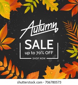 Autumn leaves on a dark asphalt background. Autumn sale concept. Colorful illustration for poster, banner, flyer. Vector eps 10.