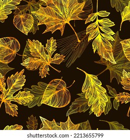 Autumn leaves on a dark background. Seamless pattern. Vector illustration. Fall foliage background