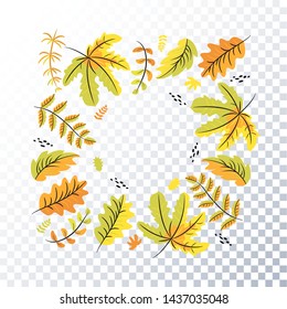 Autumn leaves on a transparent background. Autumn frame, a place for the inscription. Bright and beautiful oak, birch, maple, grass, rowan leaf fall.
