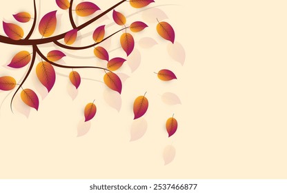 Autumn leaves on tree branches. Autumn background template with falling leaves and with an empty space for text.