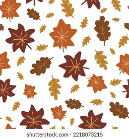 Autumn leaves on a white background, colorful hand-drawn  foliage seamless pattern