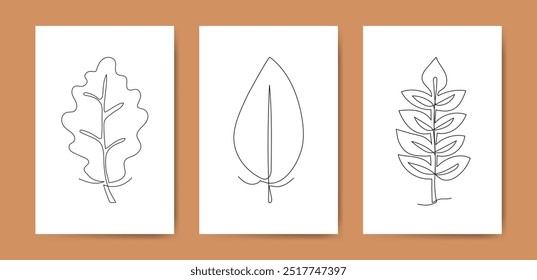 Hojas de otoño Un juego de cartas de línea continua. Decoración de la pared de la Vertical, diseño dibujado a mano minimalista de la postal del negocio con el golpe editable