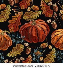 Autumn leaves and orange pumkin. Halloween seamless pattern. Embroidery art. Wild forest background. Fashionable template for design of clothes, t-shirt design