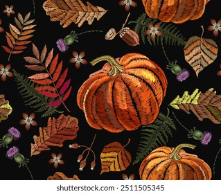 Autumn leaves and orange pumkin. Wild fall forest background. Halloween seamless pattern. Embroidery art.  Fashionable template for design of clothes, t-shirt design