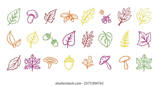 Autumn leaves outline doodle set. Botanical fall contour stickers. Vector leaf clipart drawings . Vector illustration
